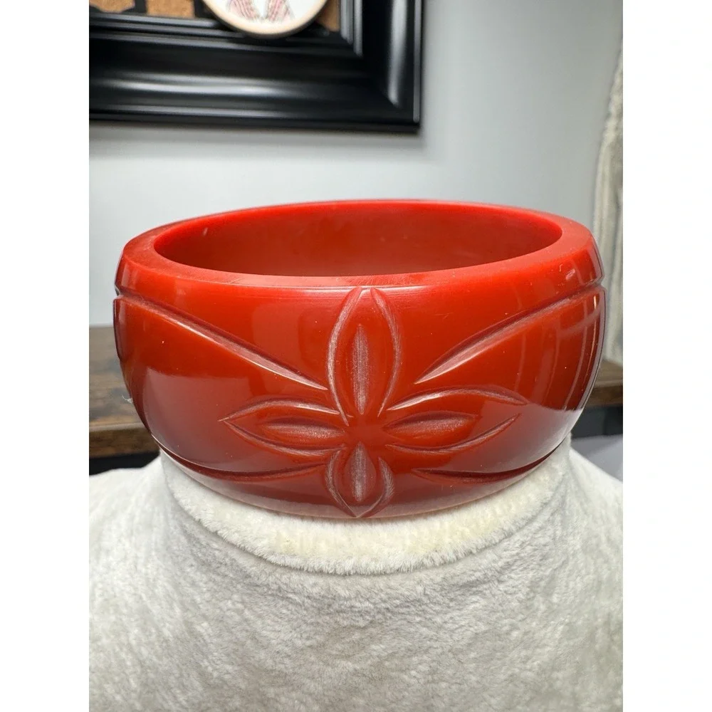 Vintage Carved Red Floral Bangle Bracelet Chunky Wide Domed Statement Jewelry